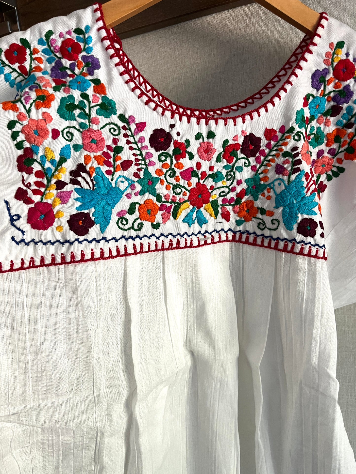 White Multi Color Embroidered Blouse (Red Thread with Blue birds) Small