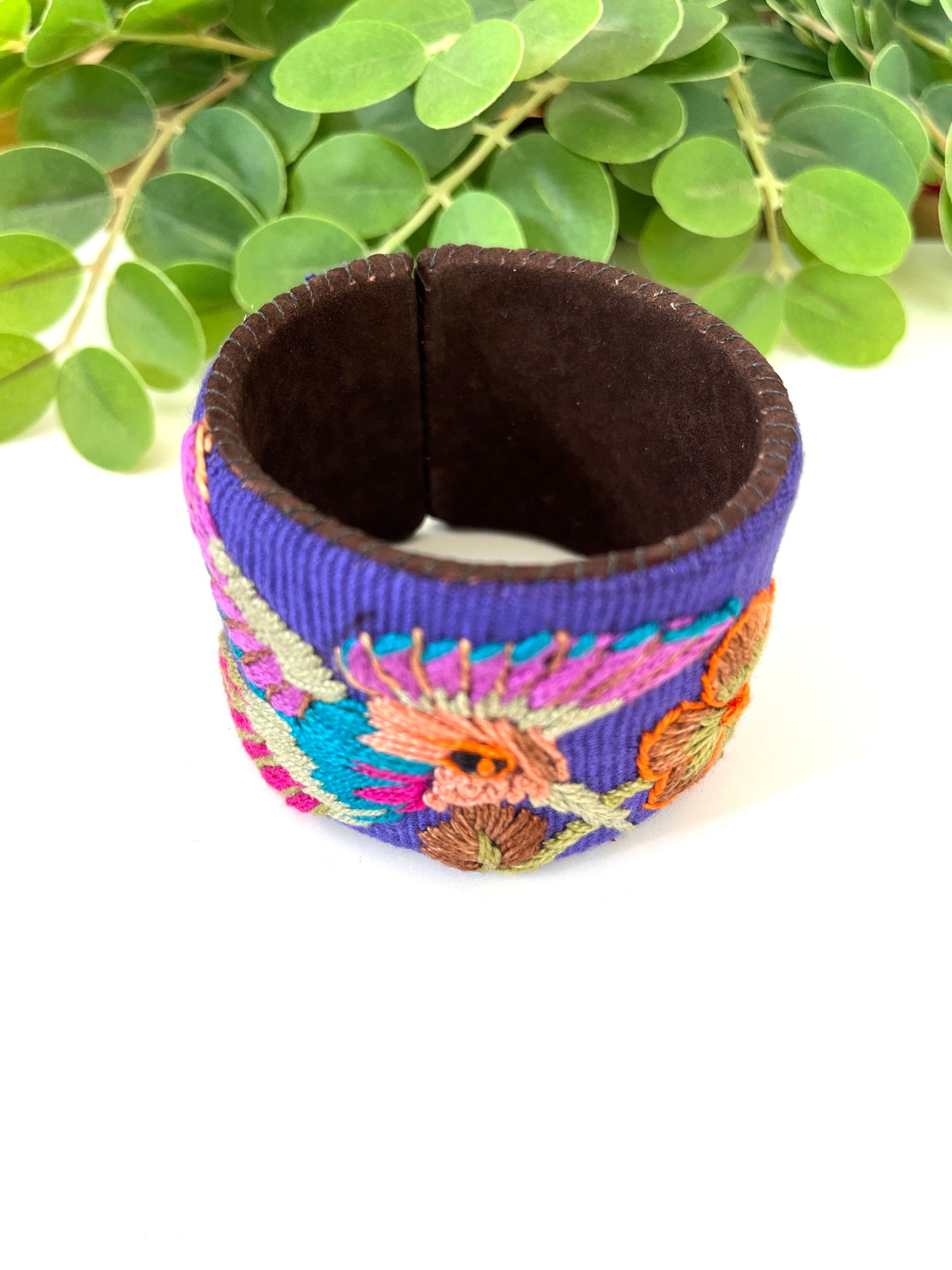 Purple and Brown Suede Hummingbird Cuff