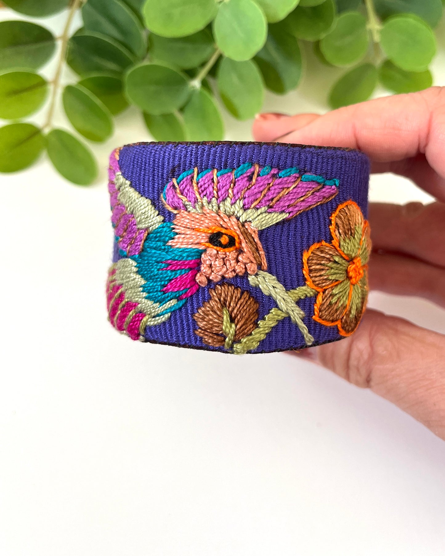 Purple and Brown Suede Hummingbird Cuff