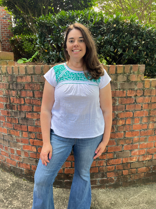 White + Teal Embroidered Blouse Medium