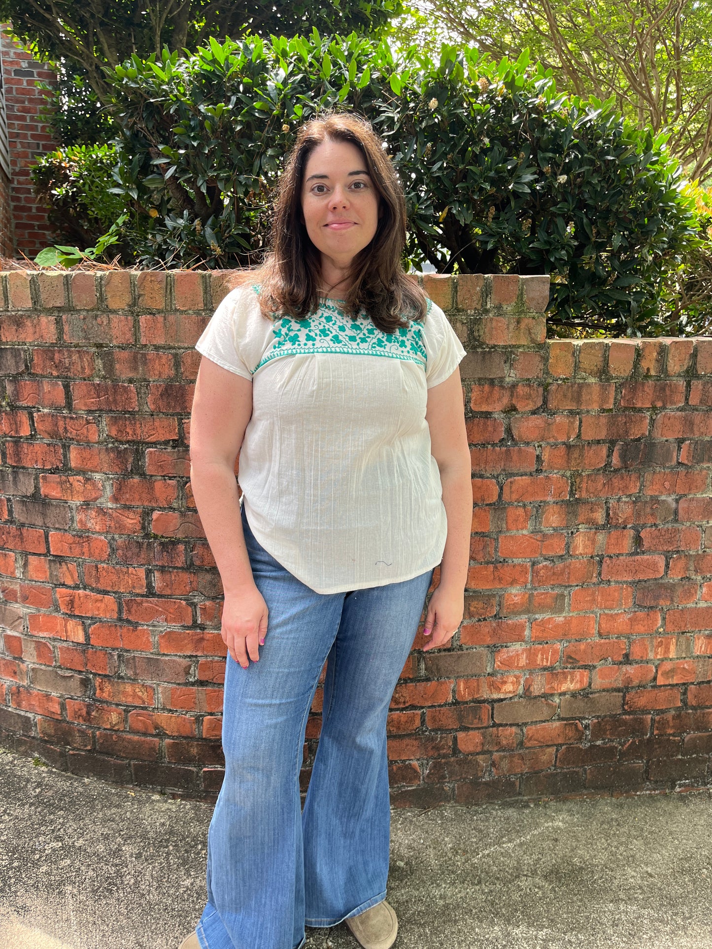 Cream + Turquoise Embroidered Blouse XL