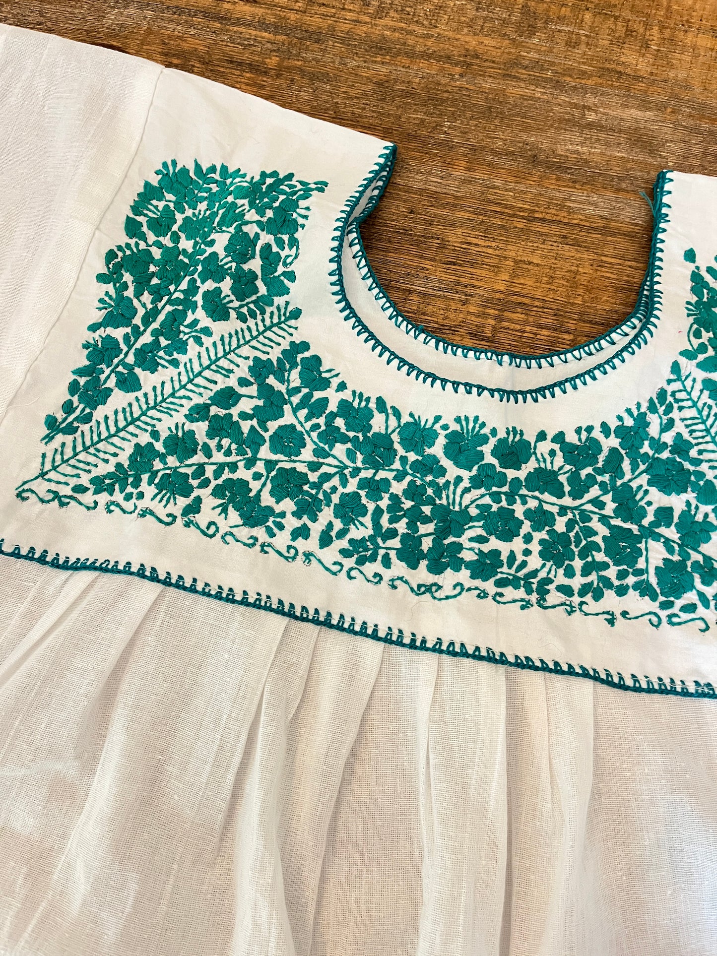 White + Teal Embroidered Blouse Medium