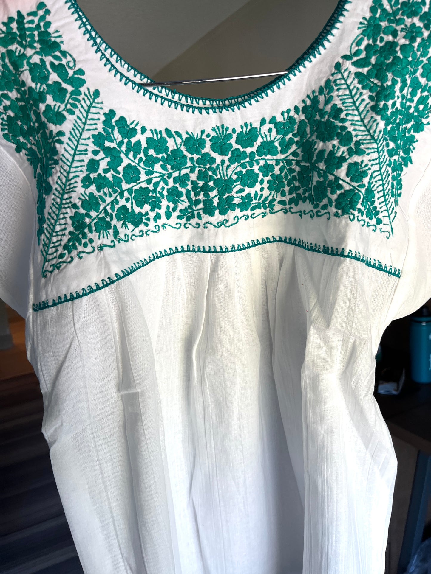 White + Teal Embroidered Blouse Medium