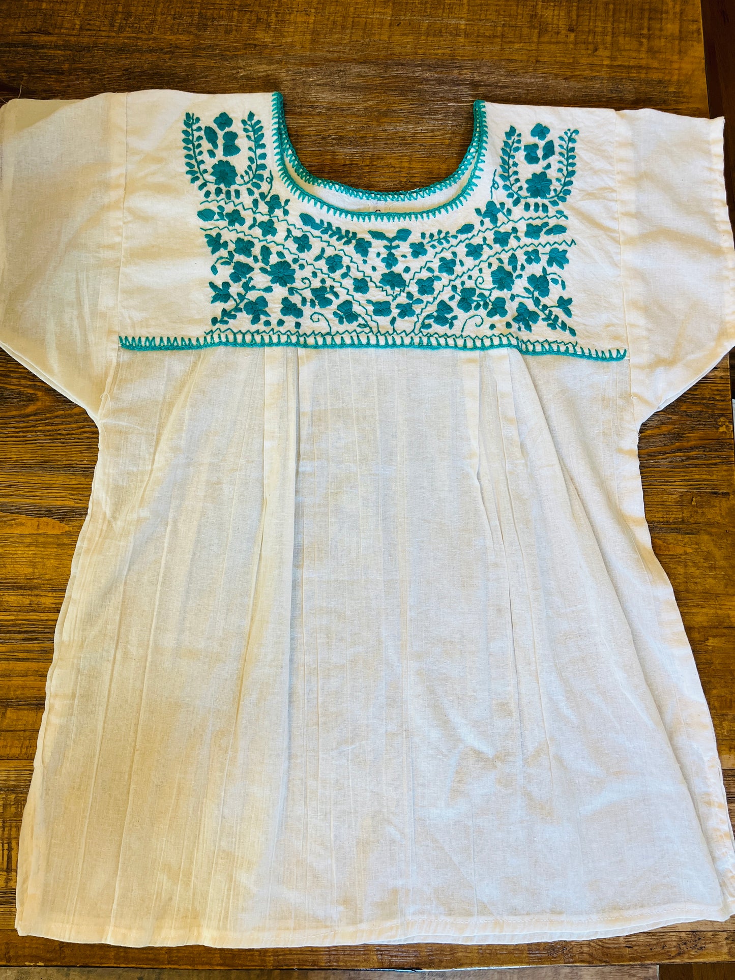 Cream + Turquoise Embroidered Blouse XL