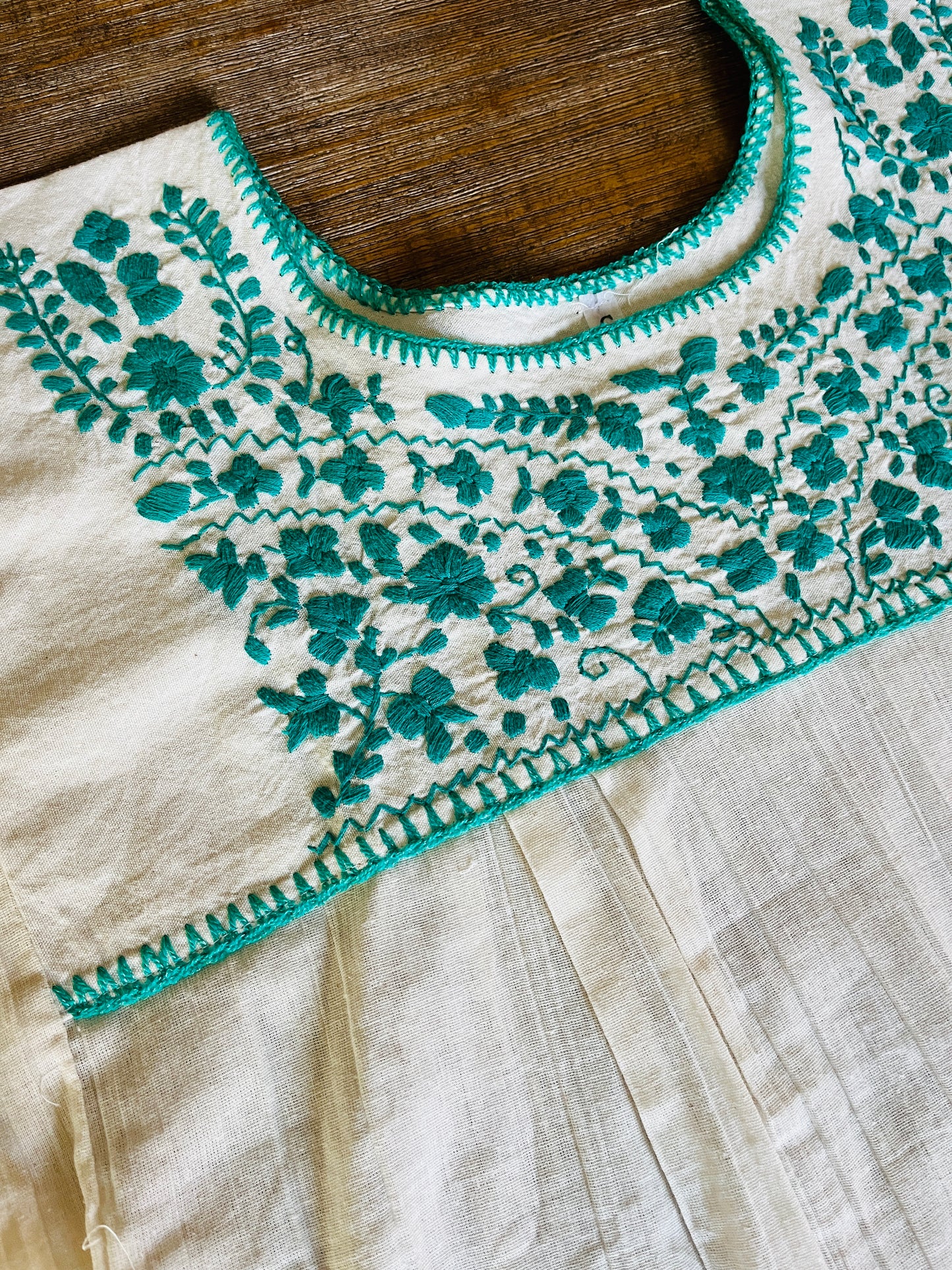 Cream + Turquoise Embroidered Blouse XL