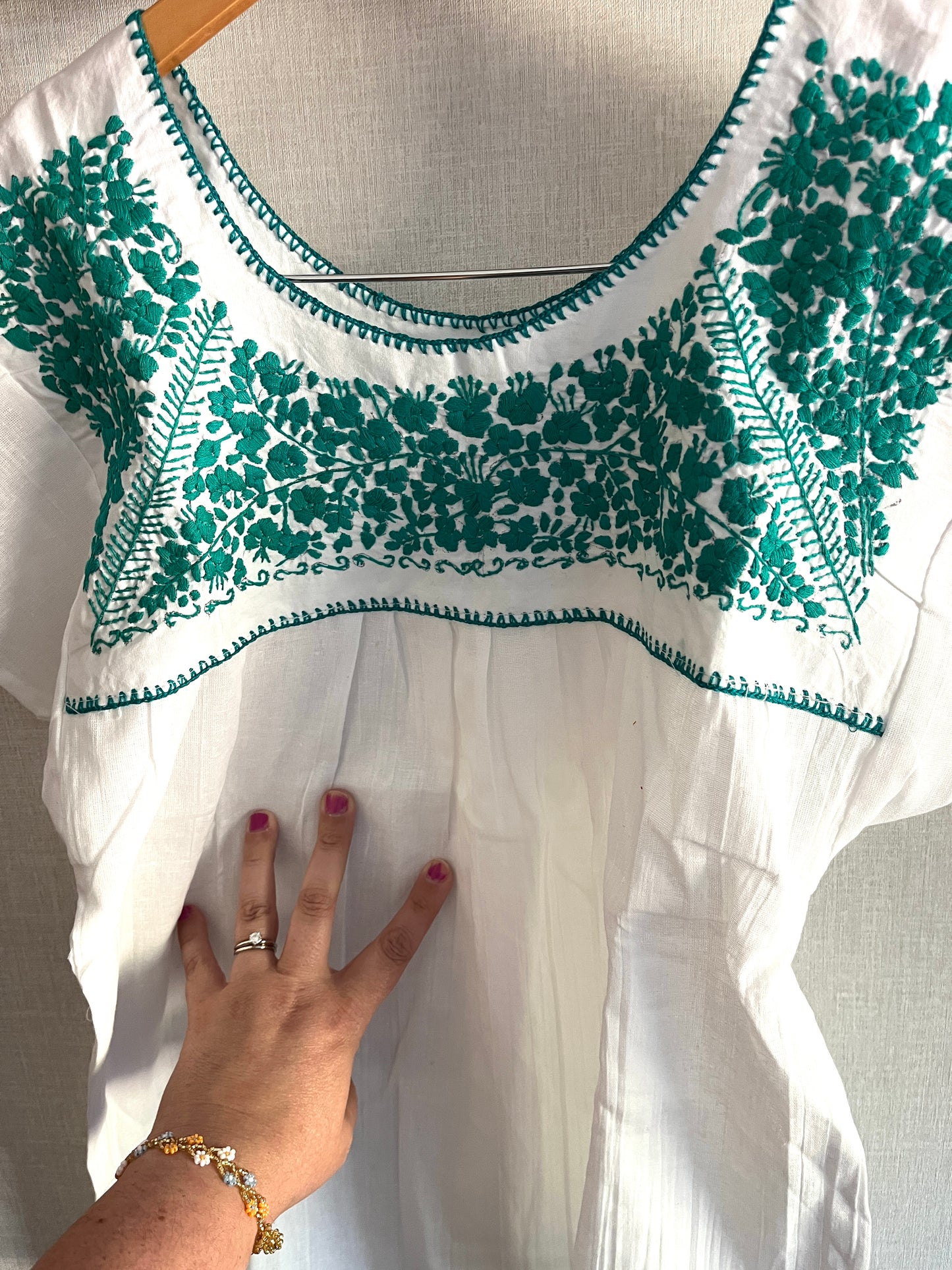 White + Teal Embroidered Blouse Medium