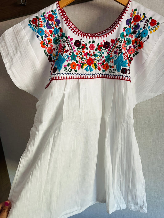 White Multi Color Embroidered Blouse (Red Thread with Blue birds) Small