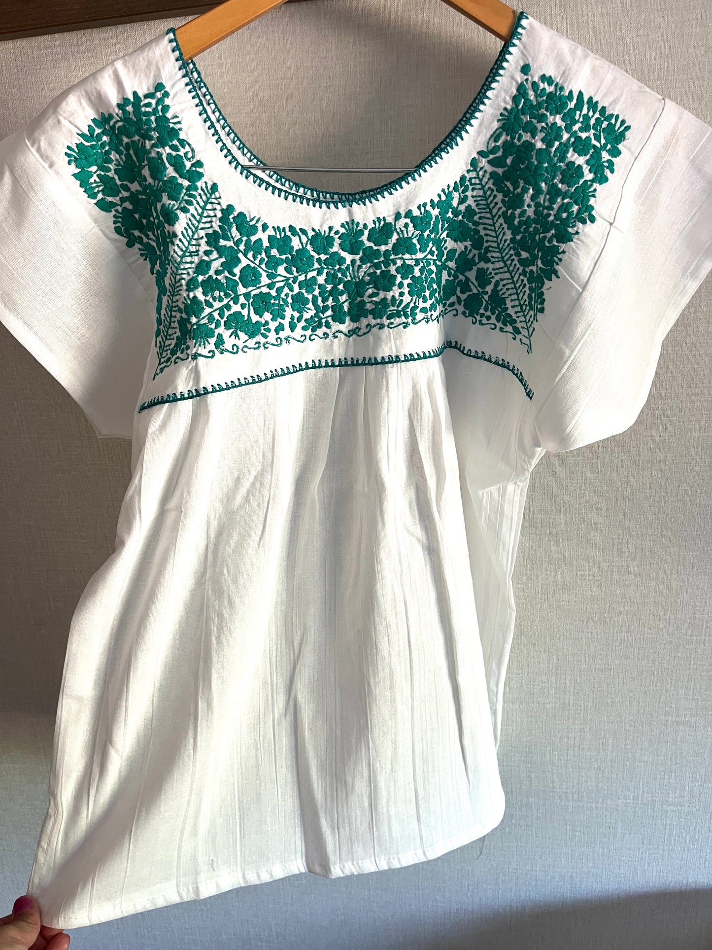 White + Teal Embroidered Blouse Medium