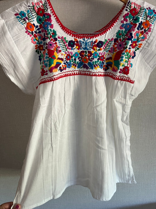 White Multi Color Embroidered Blouse (Red Thread with Butterfly) XS/Small