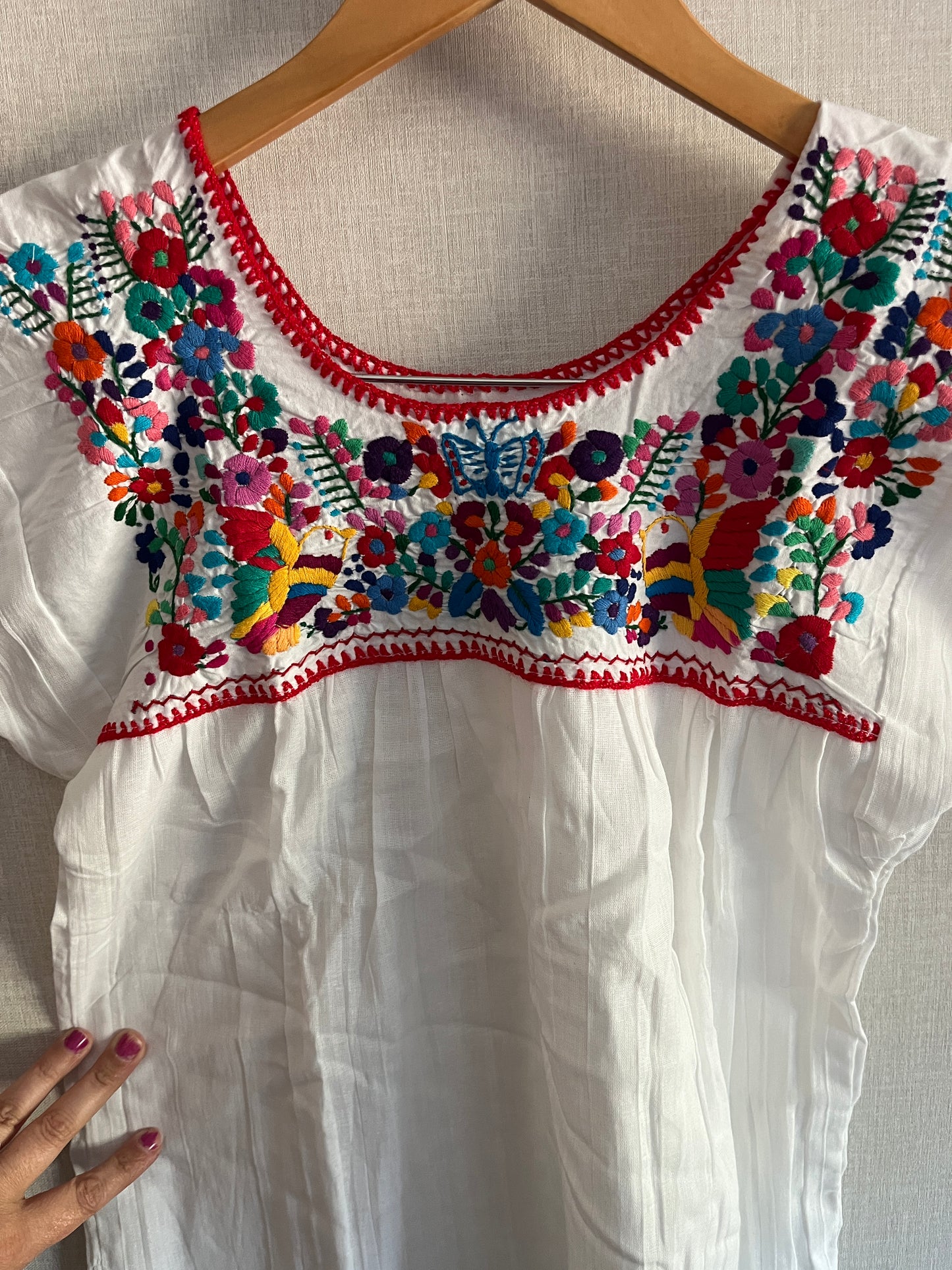 White Multi Color Embroidered Blouse (Red Thread with Butterfly) XS/Small