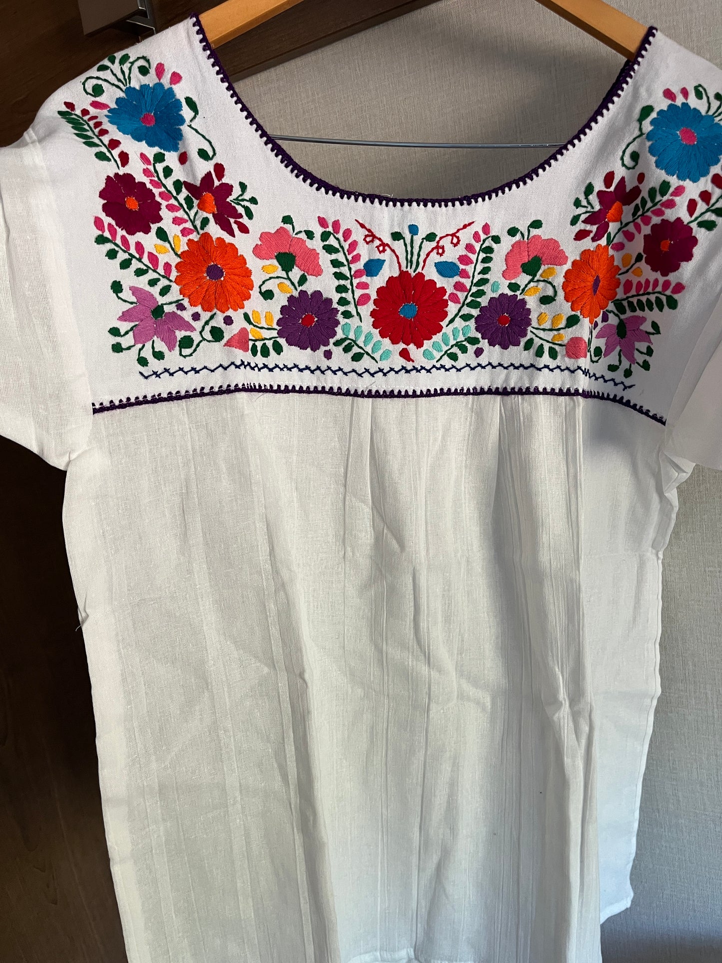 White Multi Color Embroidered Blouse (Purple Thread) Large