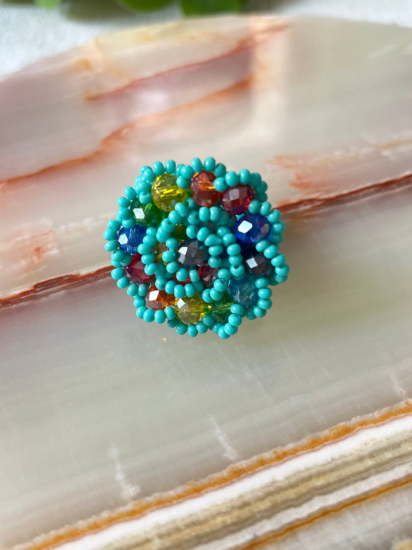 Turquoise Rainbow large beaded ring